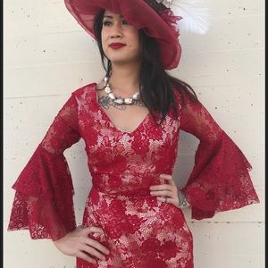 Burgundy Lace Dress with Bell Sleeves